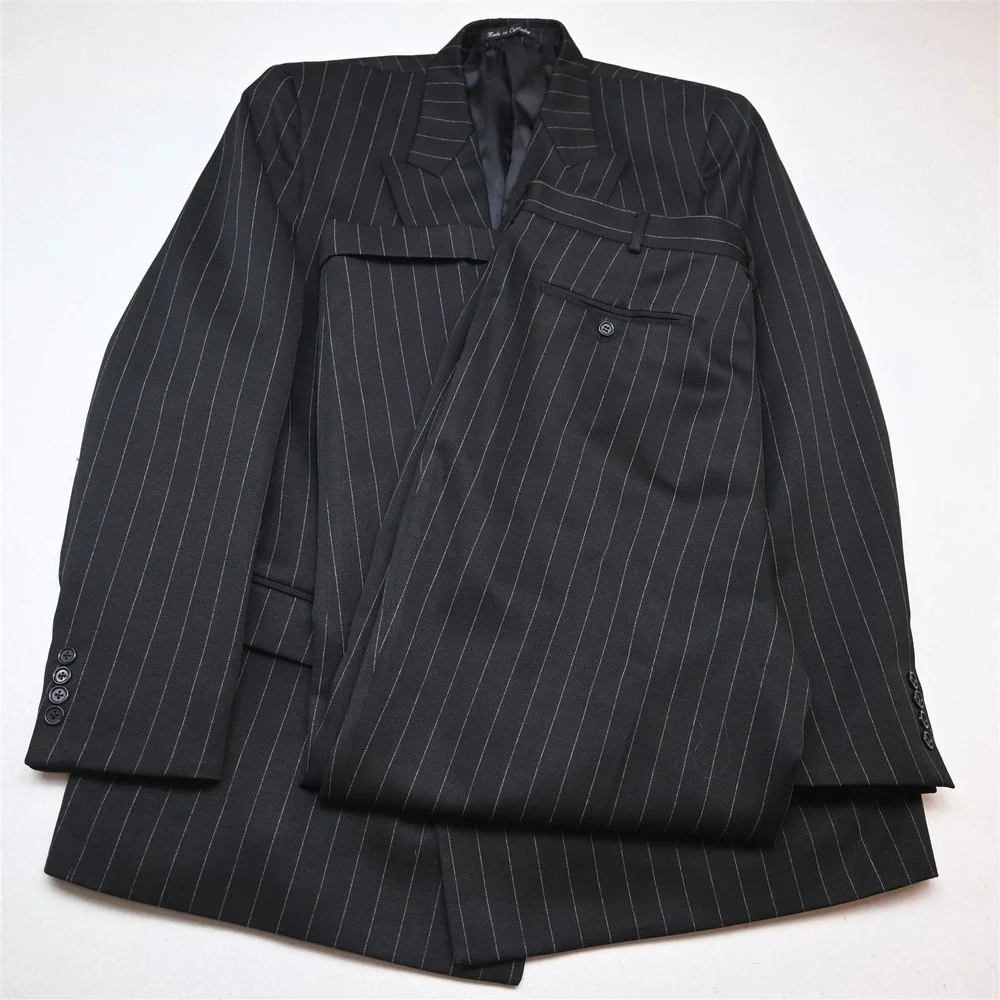 Vtg Y2K 2000s Boxy Double Breasted 48R 38x32 Black Striped Mens Suit